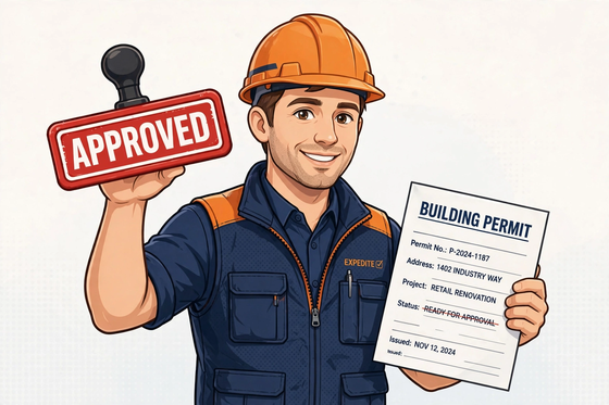 Stampy, the Find Permit Expeditor mascot — a cheerful permit expeditor holding an approved building permit
